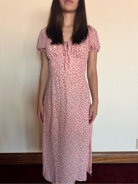 Pink Floral Midi Dress with Tie-Front Bodice